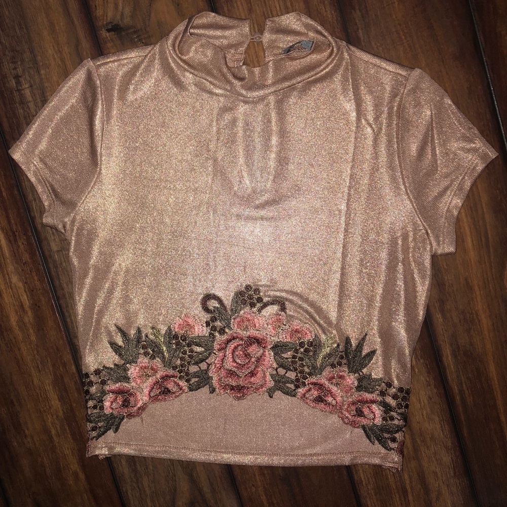 High neck blush top with floral detail